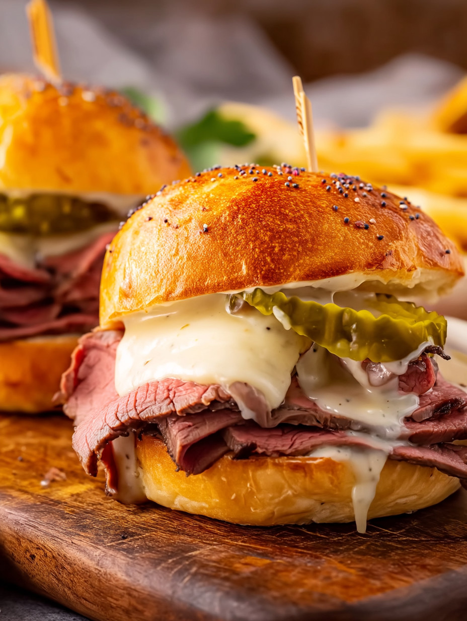 A sandwich with meat and cheese on a wooden table.
