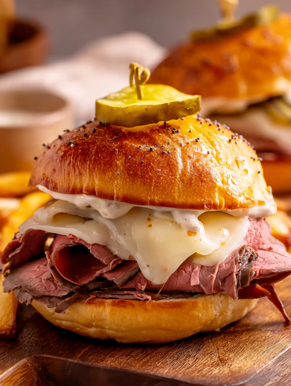 A sandwich with meat and cheese on top.