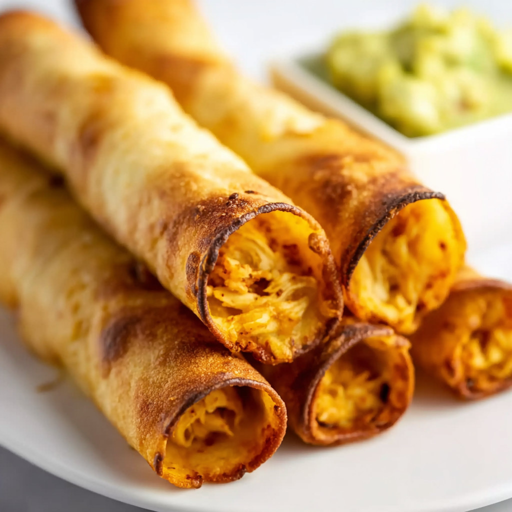 A plate with two burritos and a bowl of guacamole.