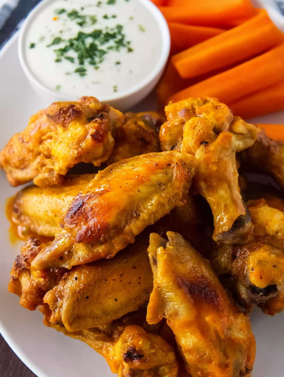 A plate of chicken wings with a side of carrots.