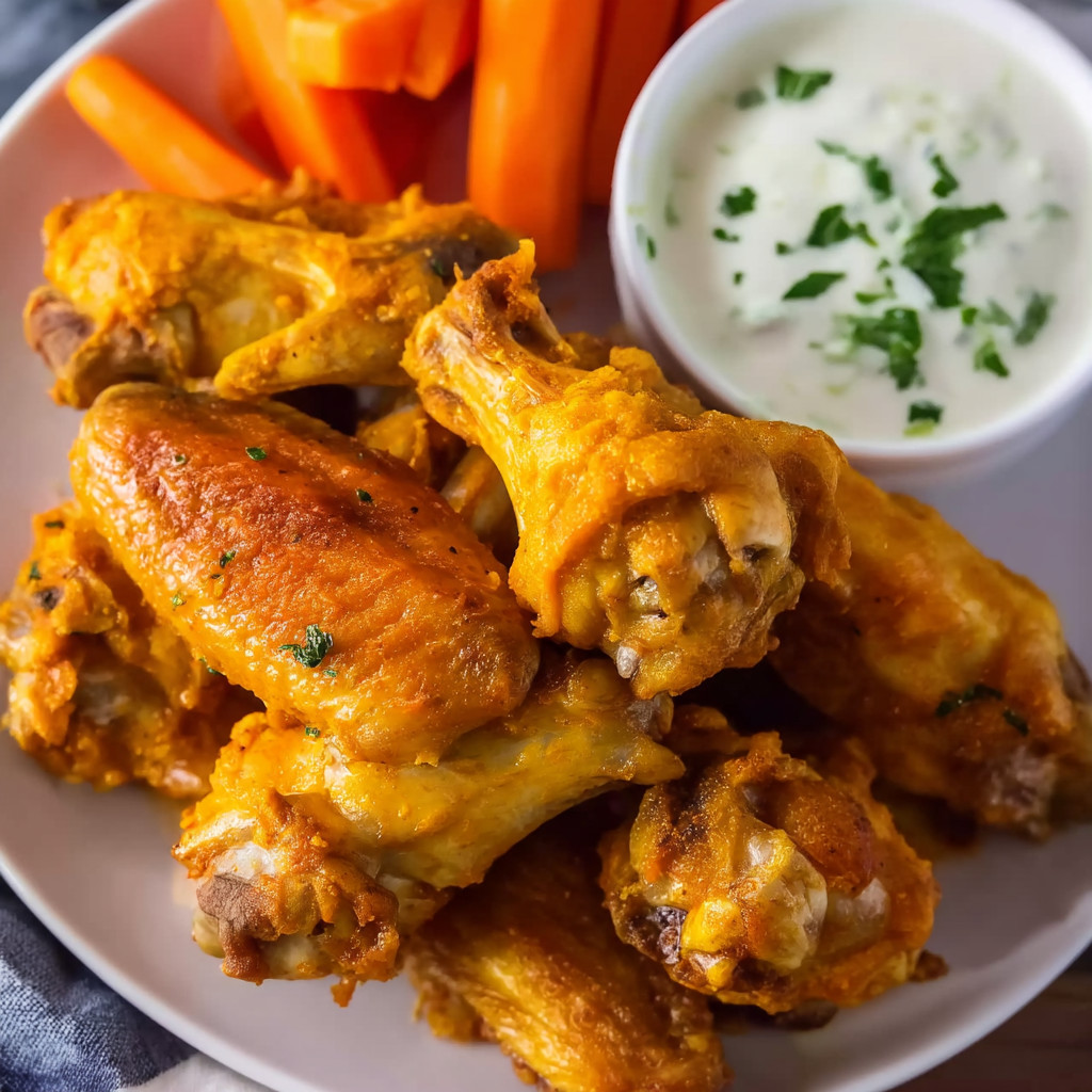 A plate of chicken wings with a side of ranch dressing.