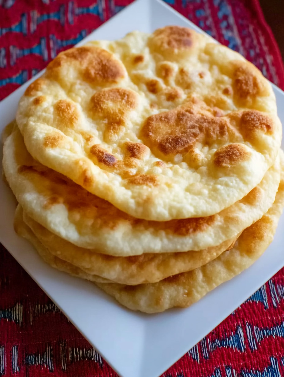 A stack of flat breads on a white plate.