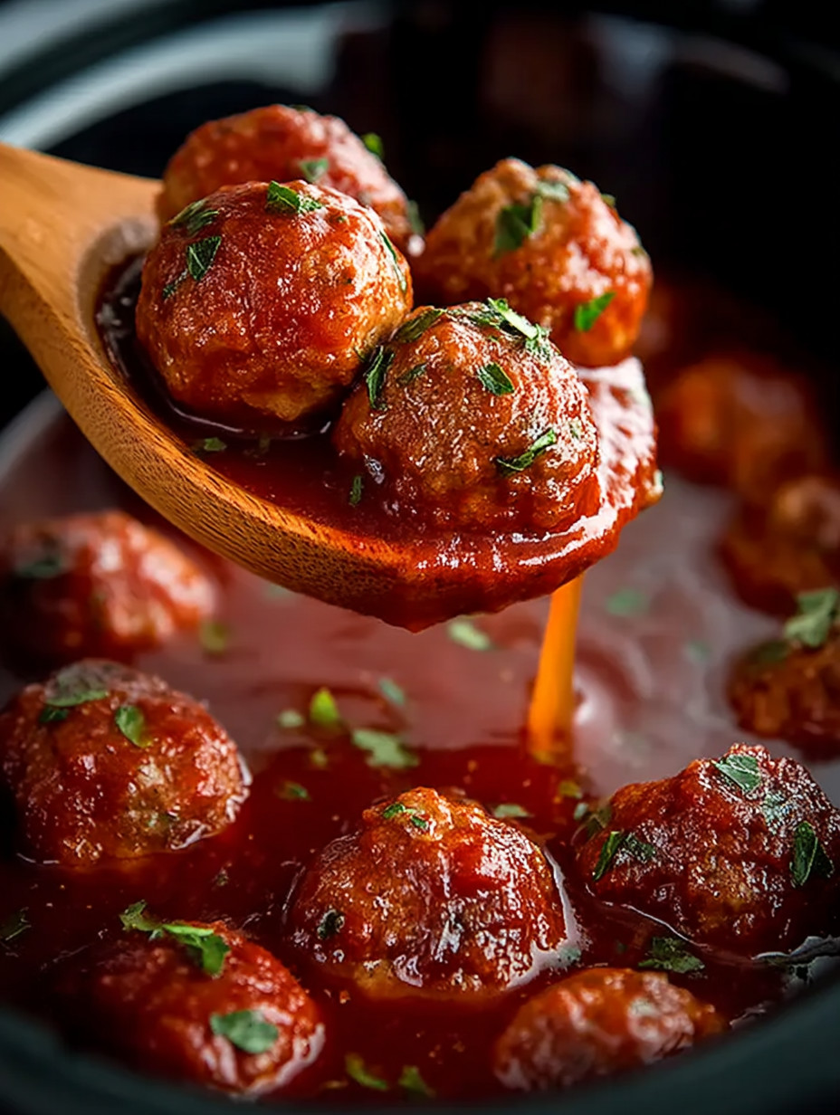 A wooden spoon in a bowl of meatballs.
