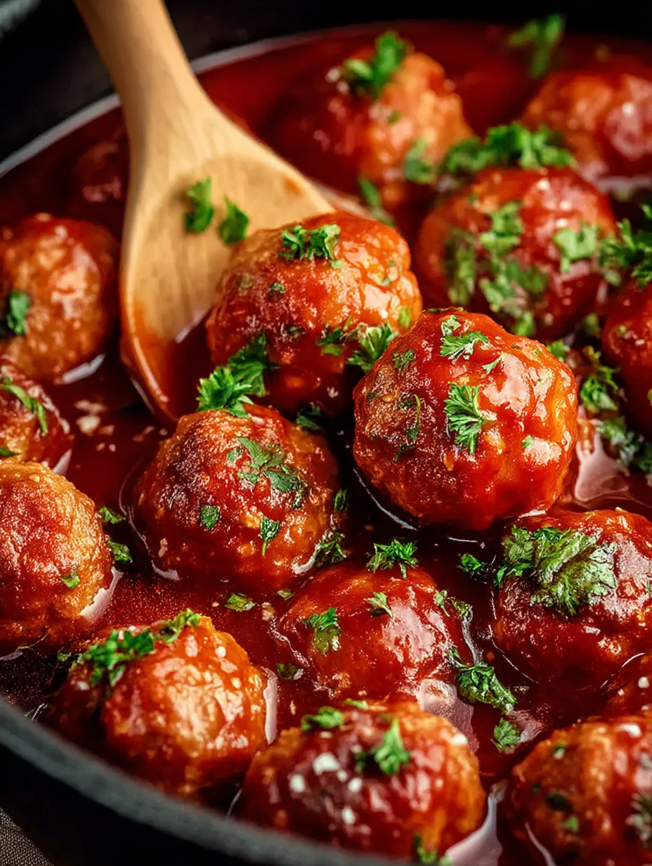 A bowl of meatballs with a wooden spoon.