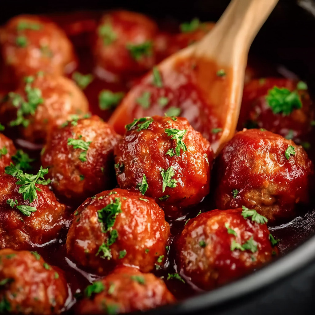 A bowl of meatballs with a wooden spoon.