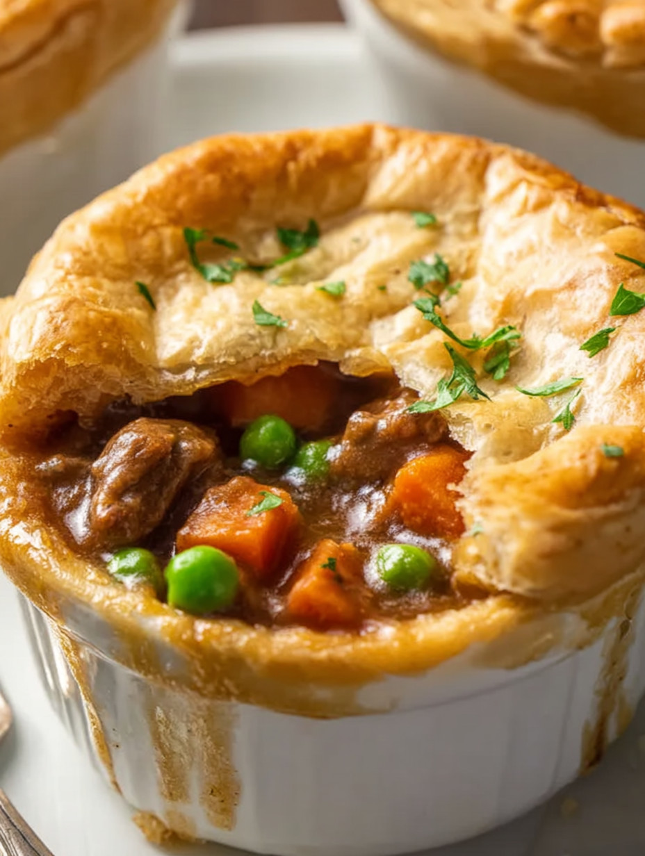A close up of a pie with peas and carrots.