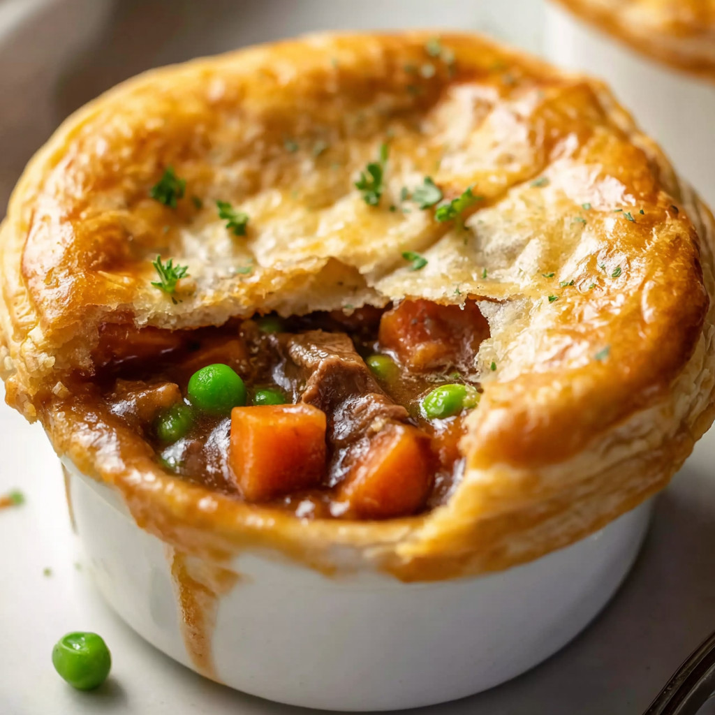 A close up of a pie with a green herb on top.