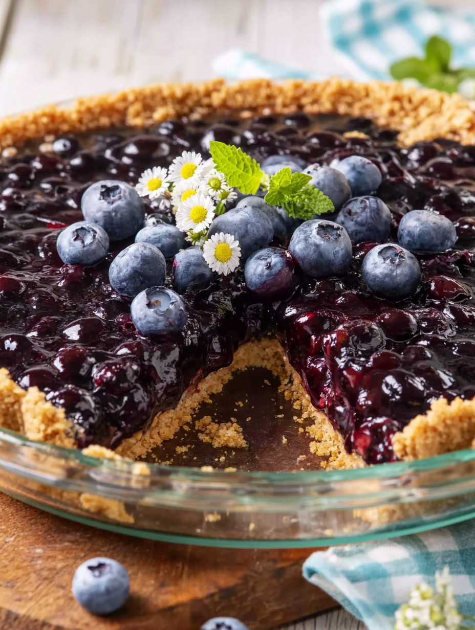 A slice of blueberry pie with a flower on top.