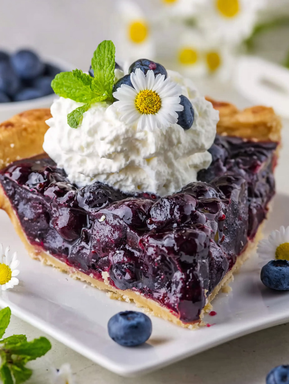 A slice of blueberry pie with whipped cream on top.