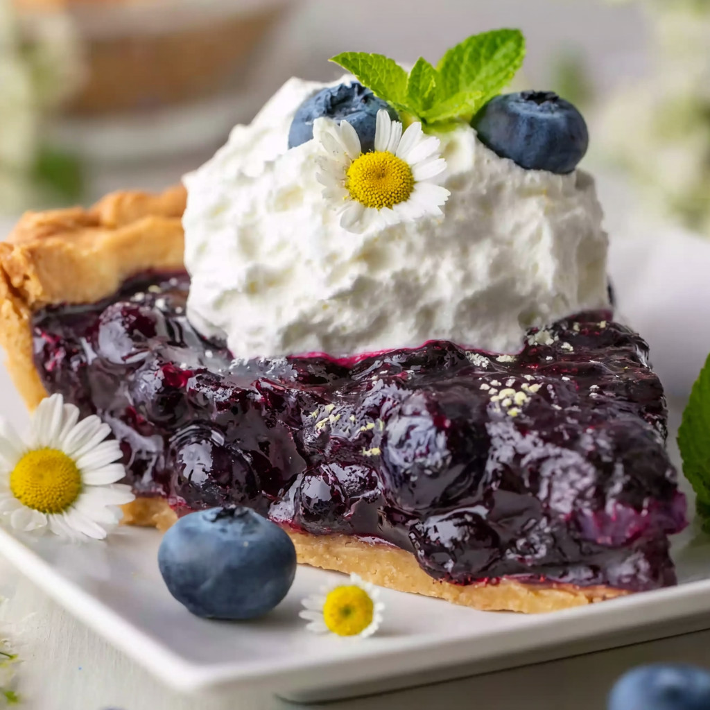 A slice of blueberry pie with whipped cream on top.