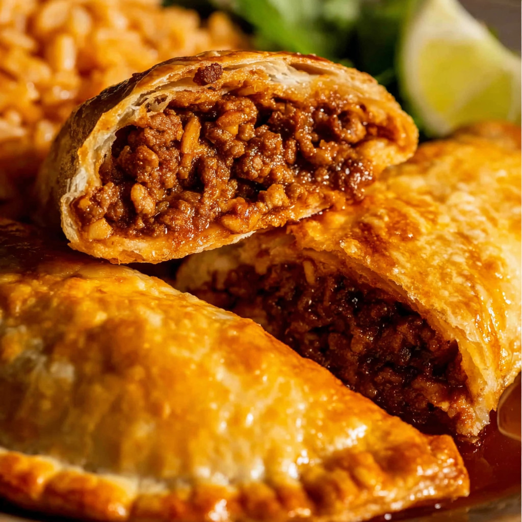 A plate of food with a pastry and a lime wedge.