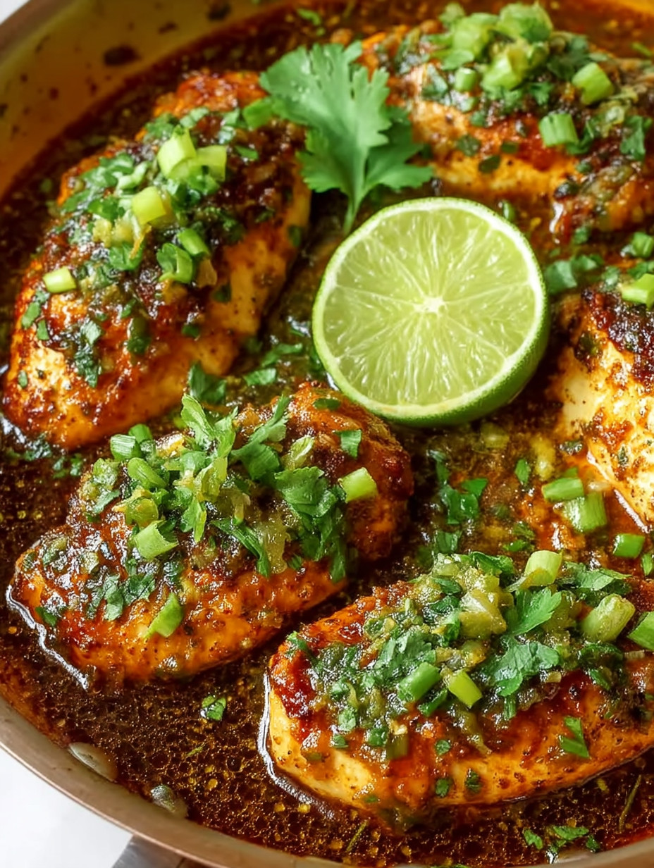 A bowl of chicken with lime wedges on top.