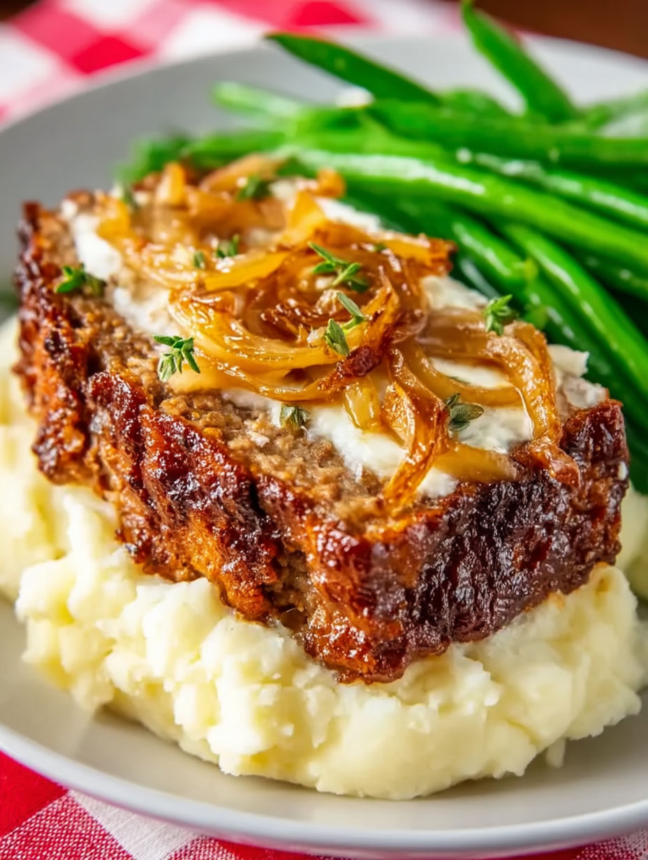 A plate of meatloaf with onions on top.