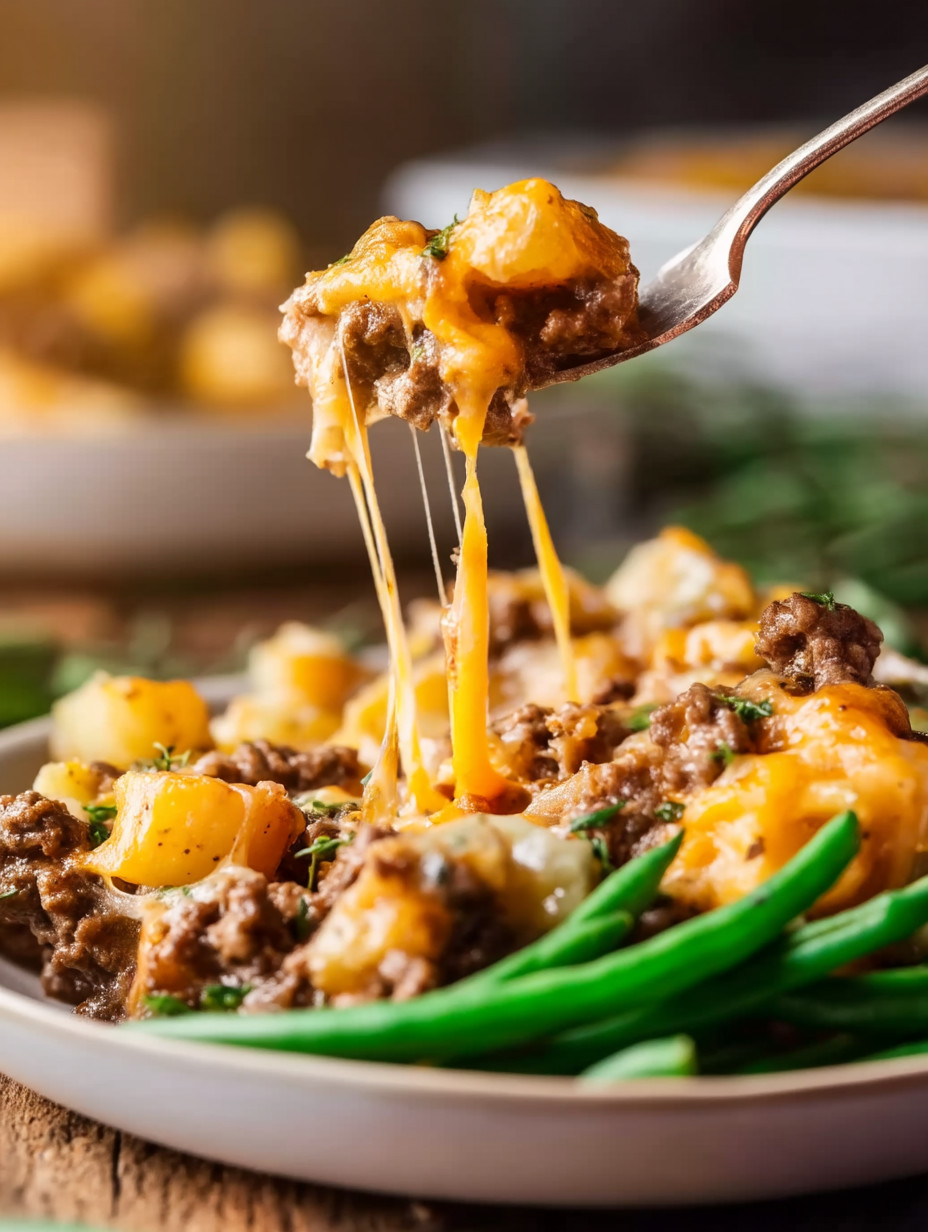 A spoonful of cheese and meat on a plate.