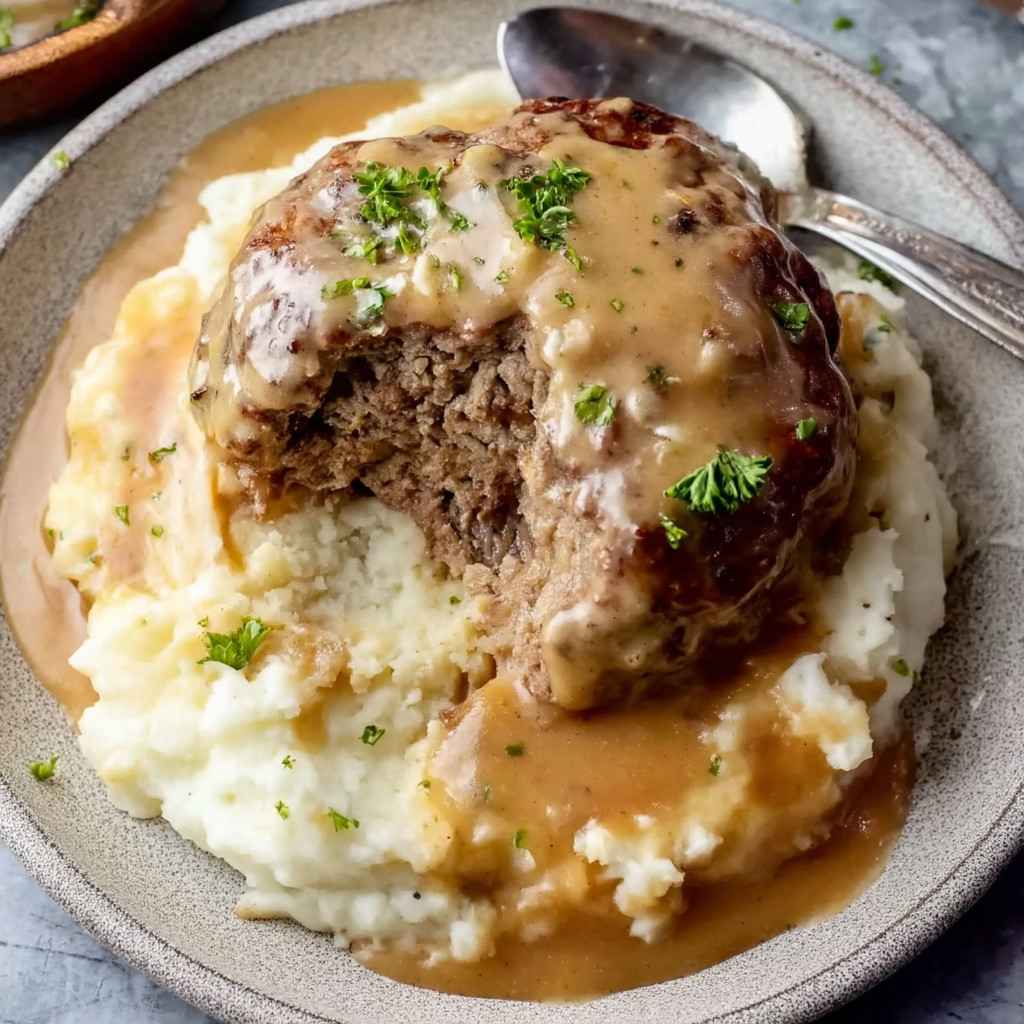 A plate of food with gravy on it.