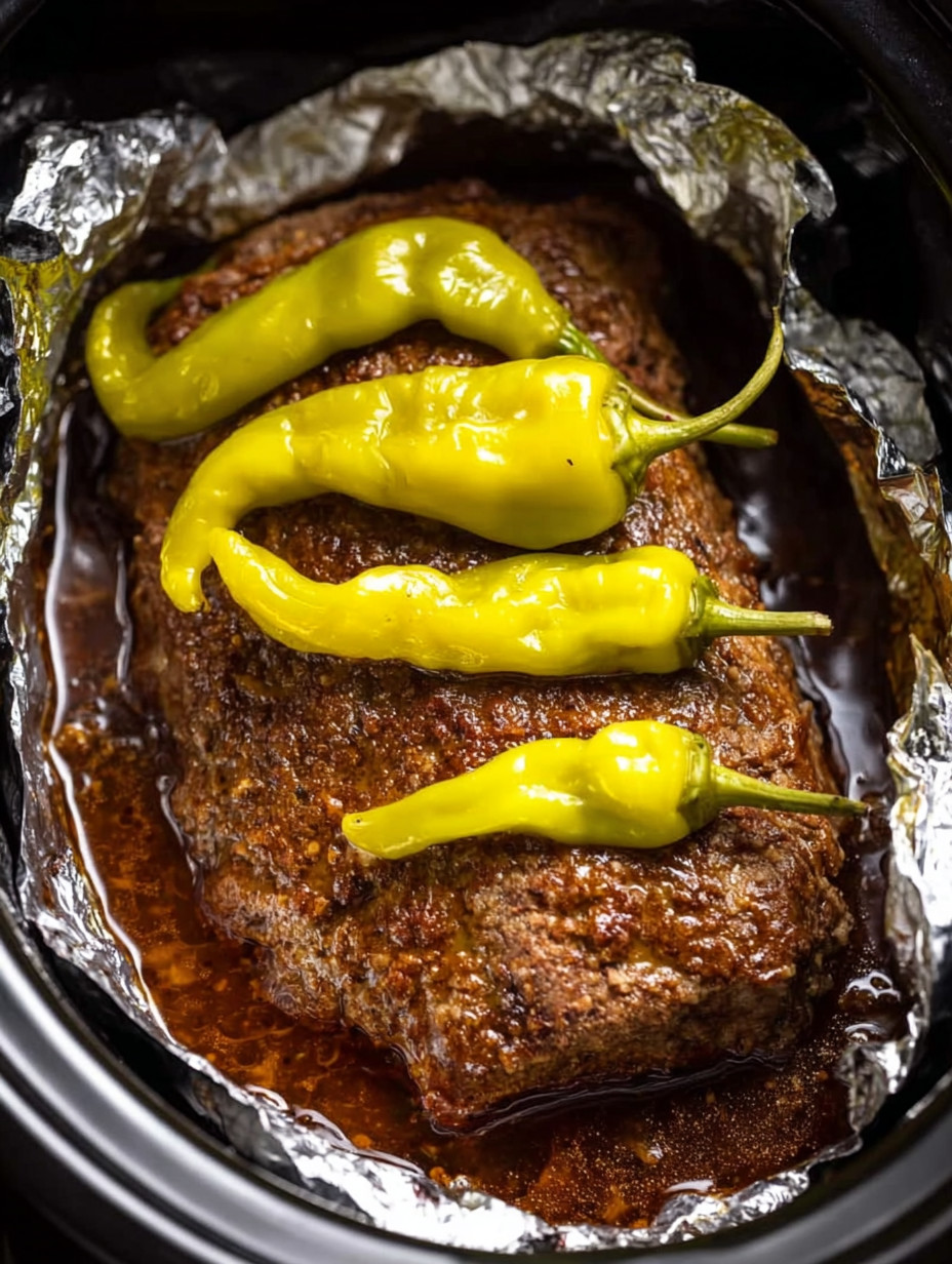 A piece of meat with peppers on top.