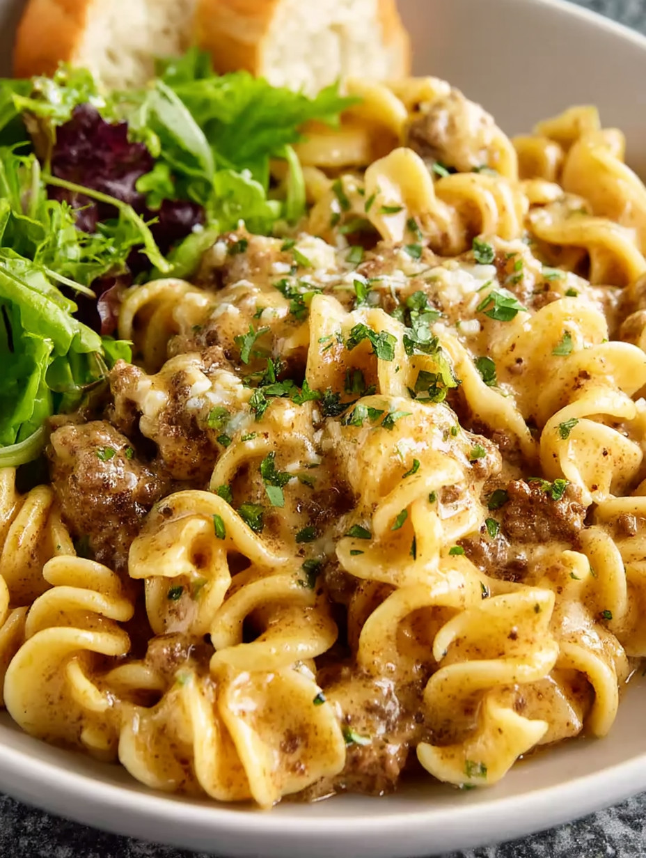 A plate of pasta with meat and cheese.