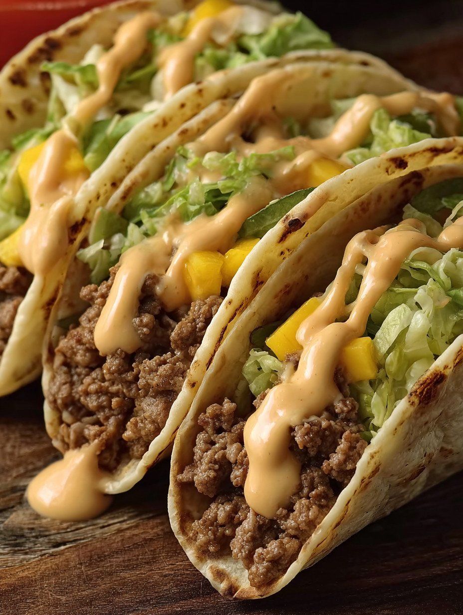 Two tacos with lettuce and meat covered in sauce.