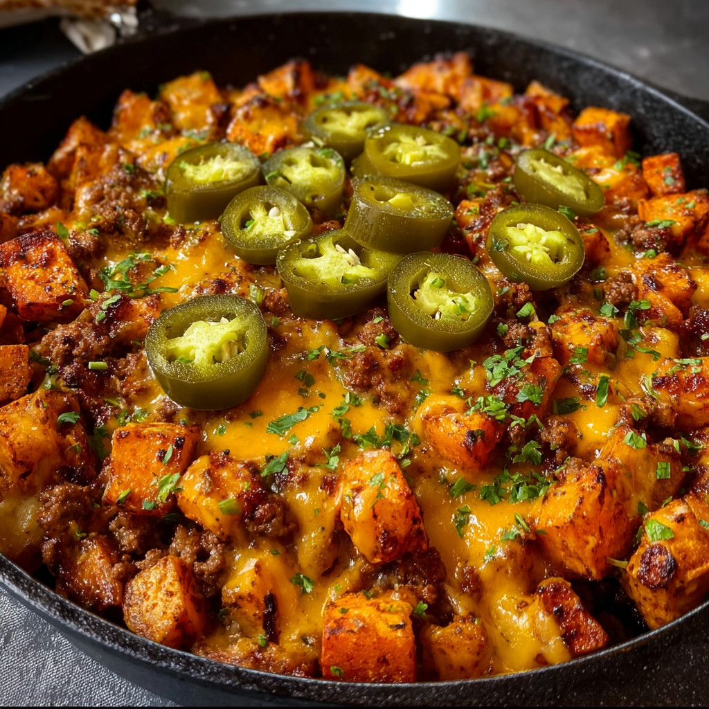 A skillet of food with jalapenos and cheese.