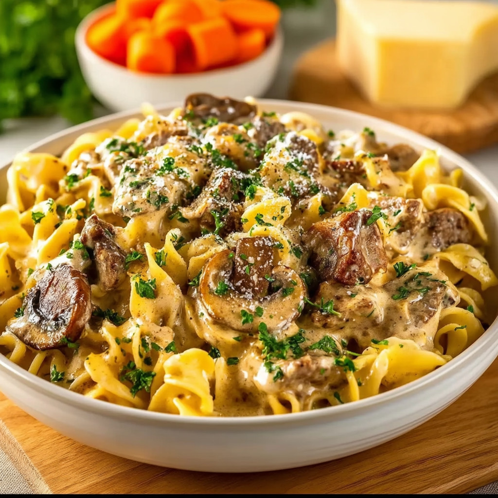 A bowl of pasta with mushrooms and carrots.