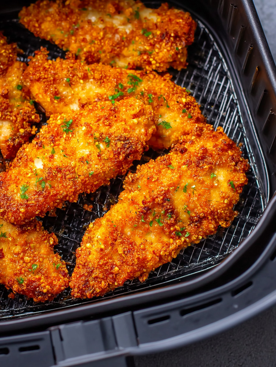 A tray of fried chicken with herbs on top.