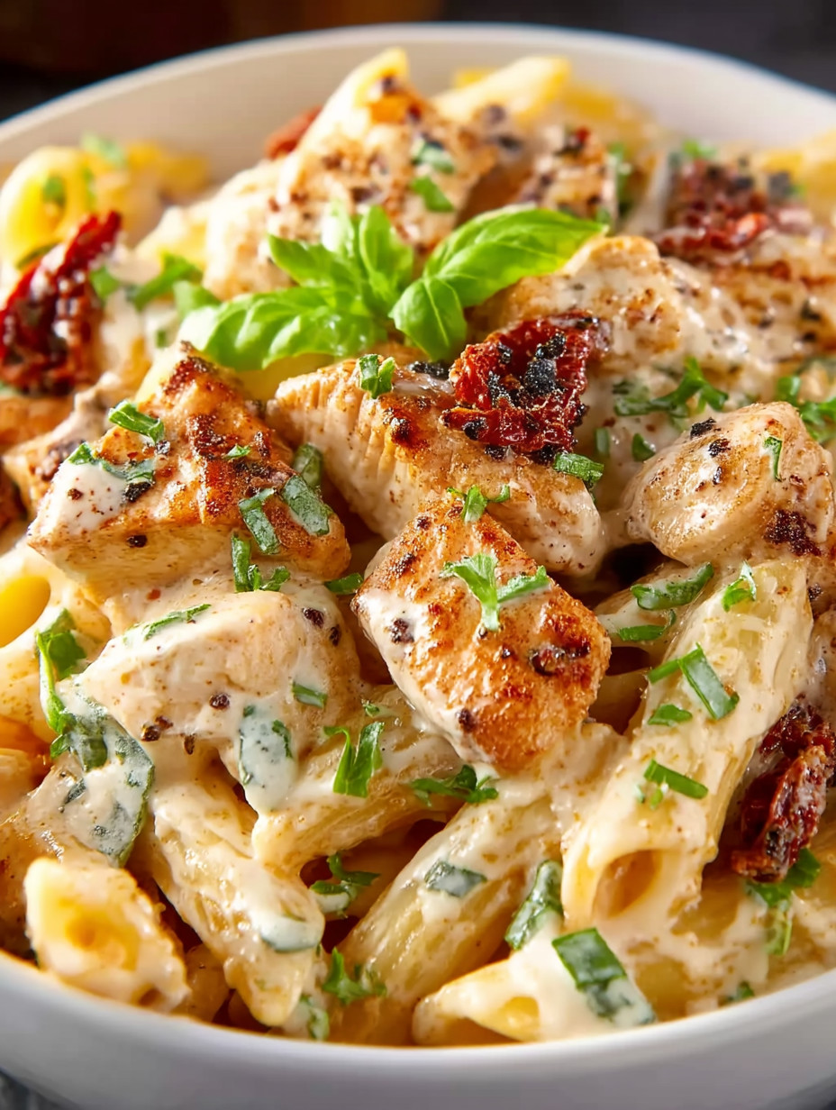 A plate of food with chicken pasta and herbs.