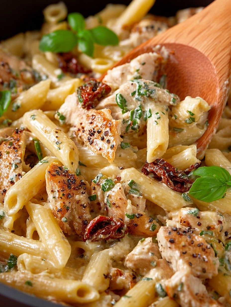 A bowl of pasta with chicken and vegetables.