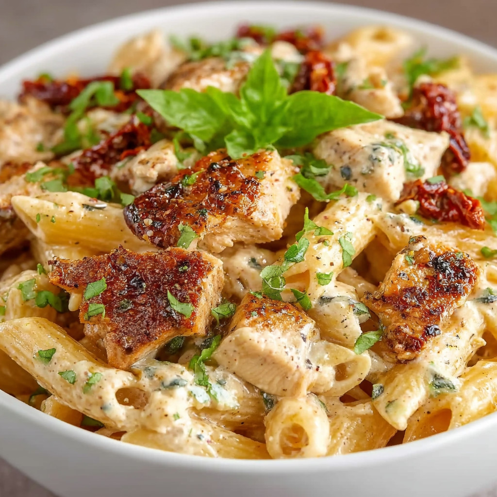 A bowl of pasta with chicken and vegetables.