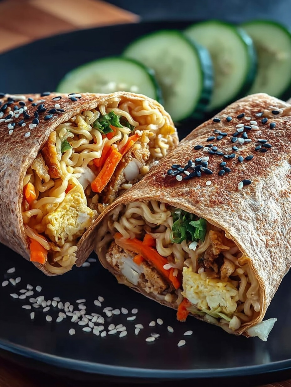 A plate of food with a wrap and a cucumber.