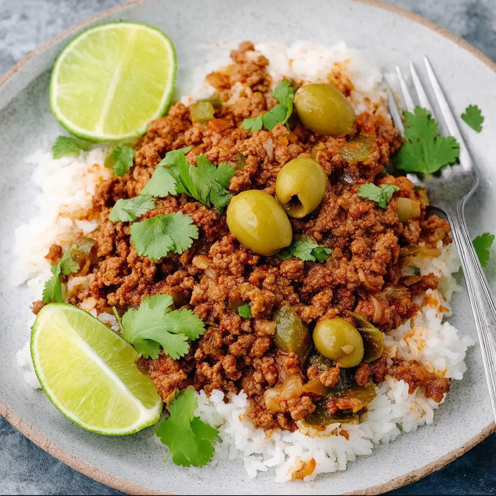 A plate of rice with meat and olives.