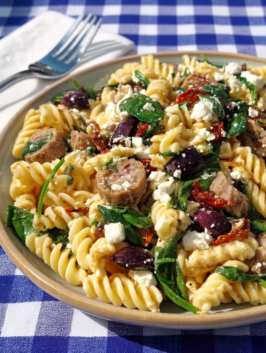 A plate of pasta with meat and vegetables.