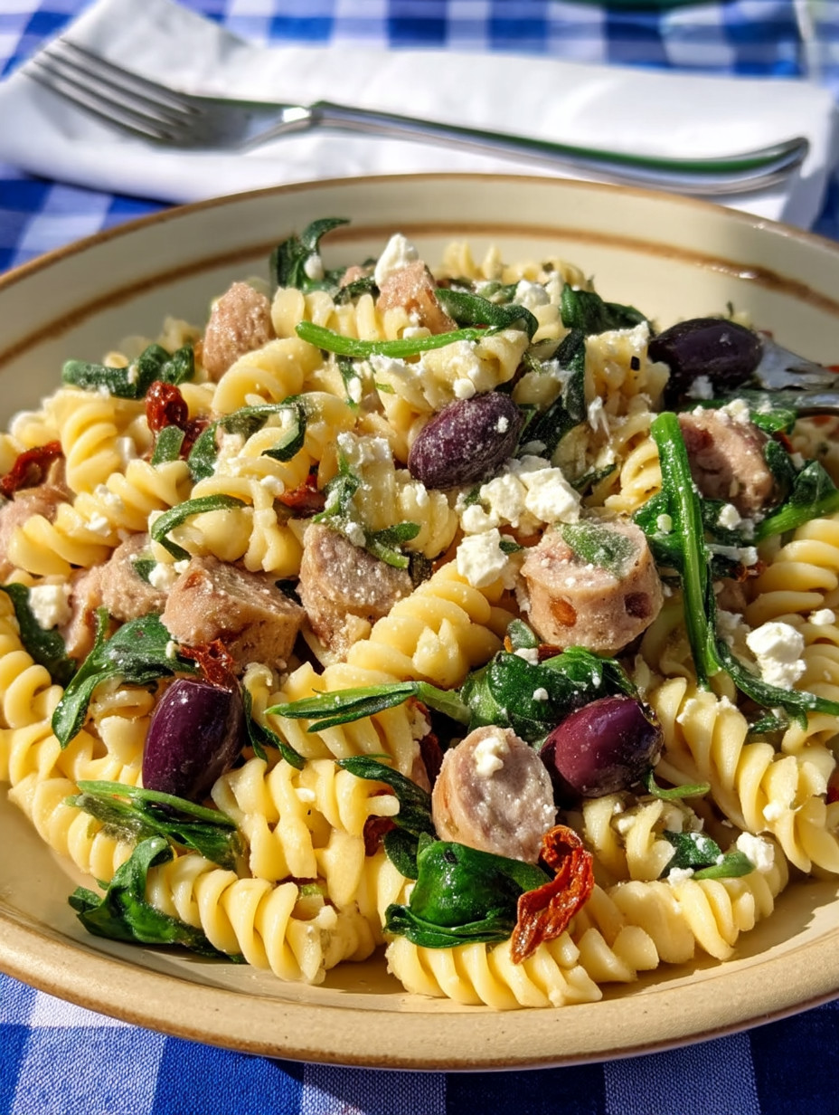 A bowl of pasta with vegetables and meat.