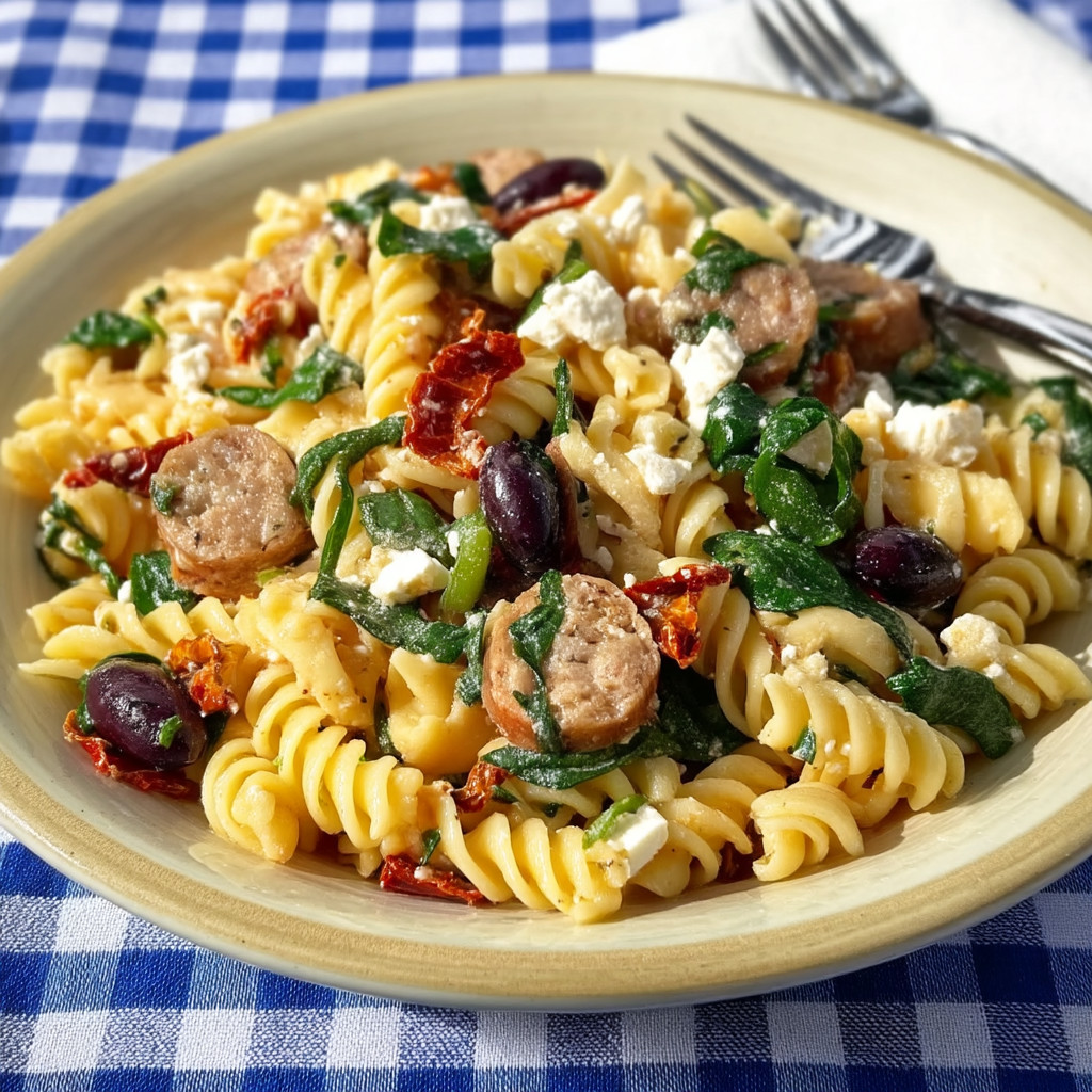 A plate of pasta with olives and sausage.