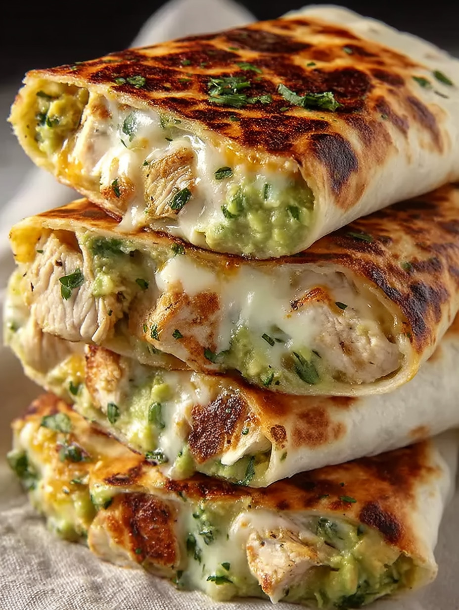 A stack of three chicken and avocado wraps.