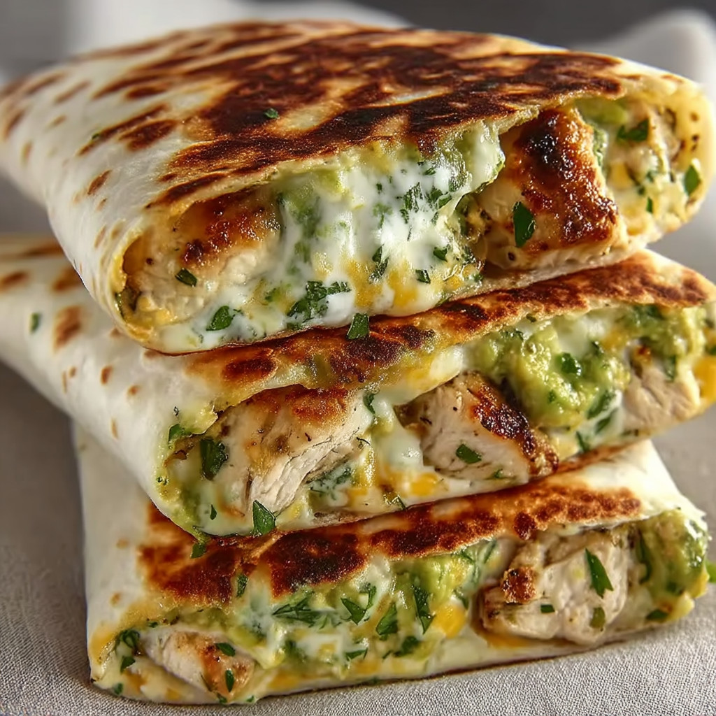 A stack of chicken and cheese wraps.