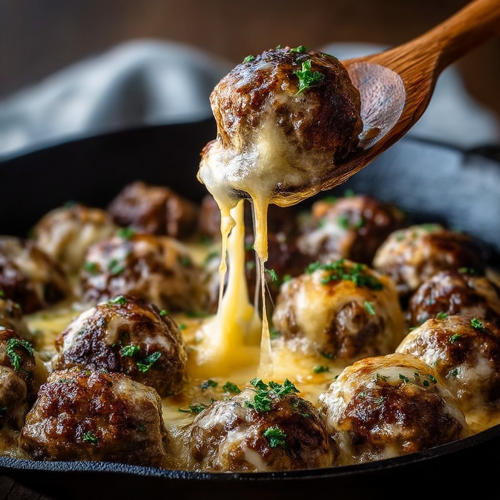 A wooden spoon is dipping into a bowl of meatballs.