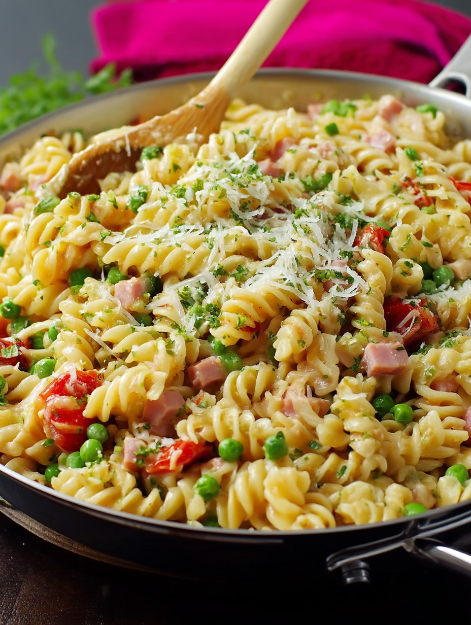A bowl of pasta with peas and ham.