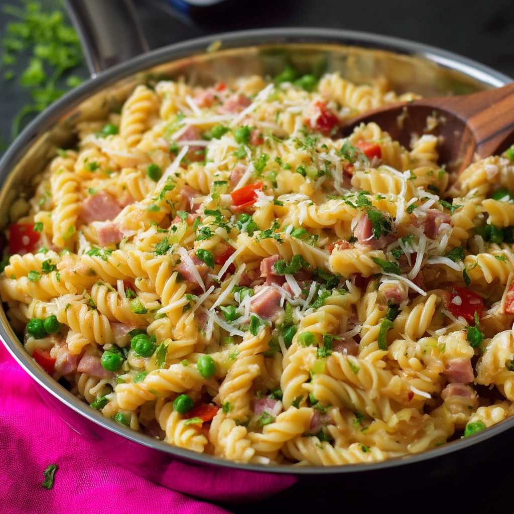 A bowl of pasta with peas and ham.