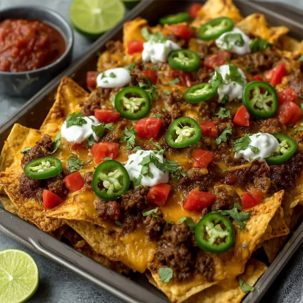 A pan of nachos with jalapenos and cheese.
