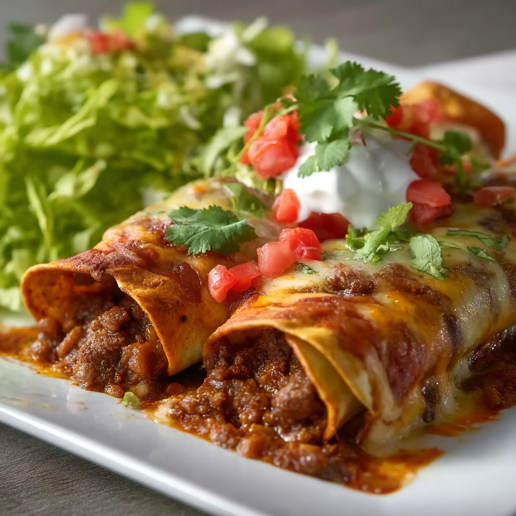 A plate of food with a burrito and salad.