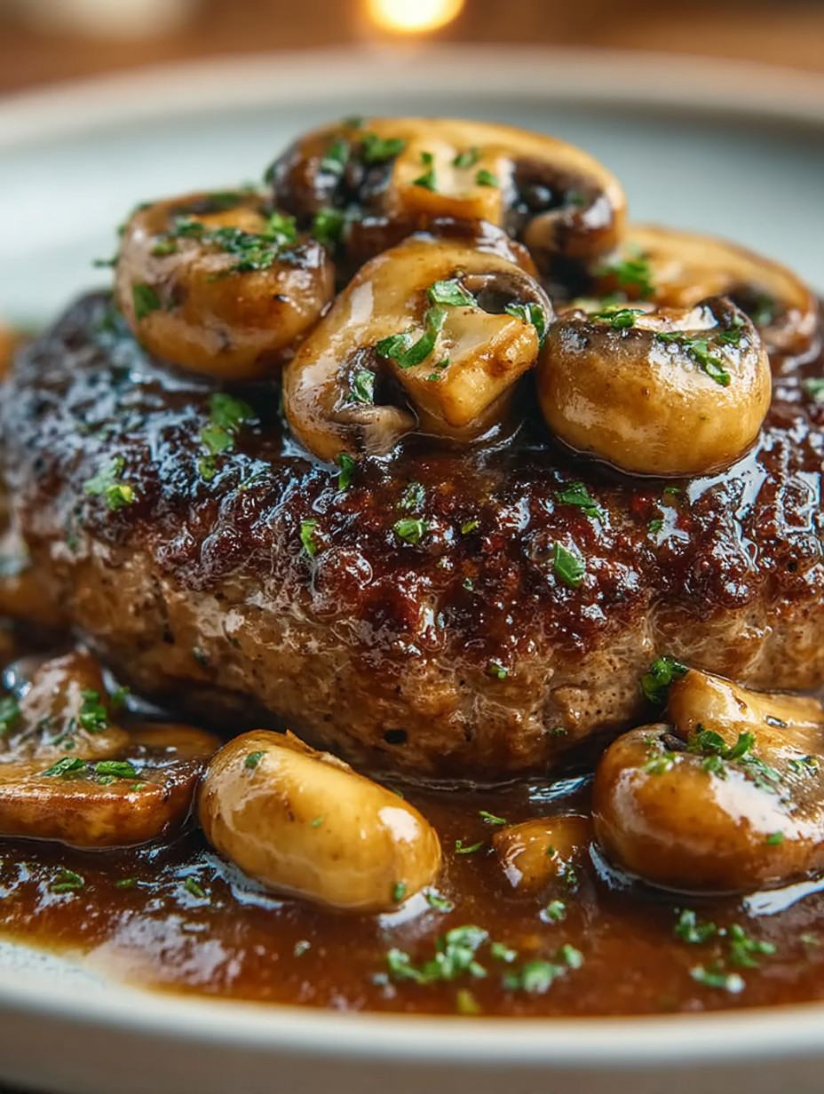 A meat dish with mushrooms on top.