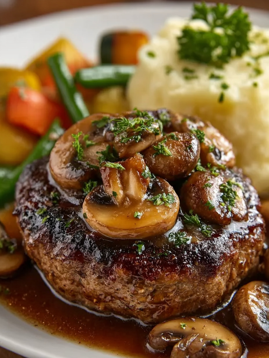 A plate of food with mushrooms and potatoes.