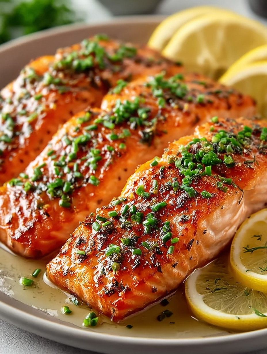A plate of cooked salmon with lemon wedges on the side.