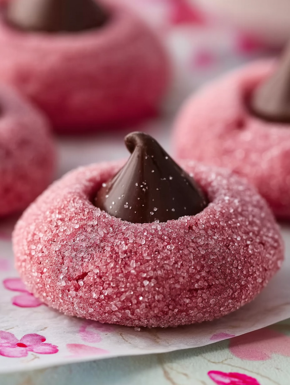 A pink cookie with a chocolate drizzle.