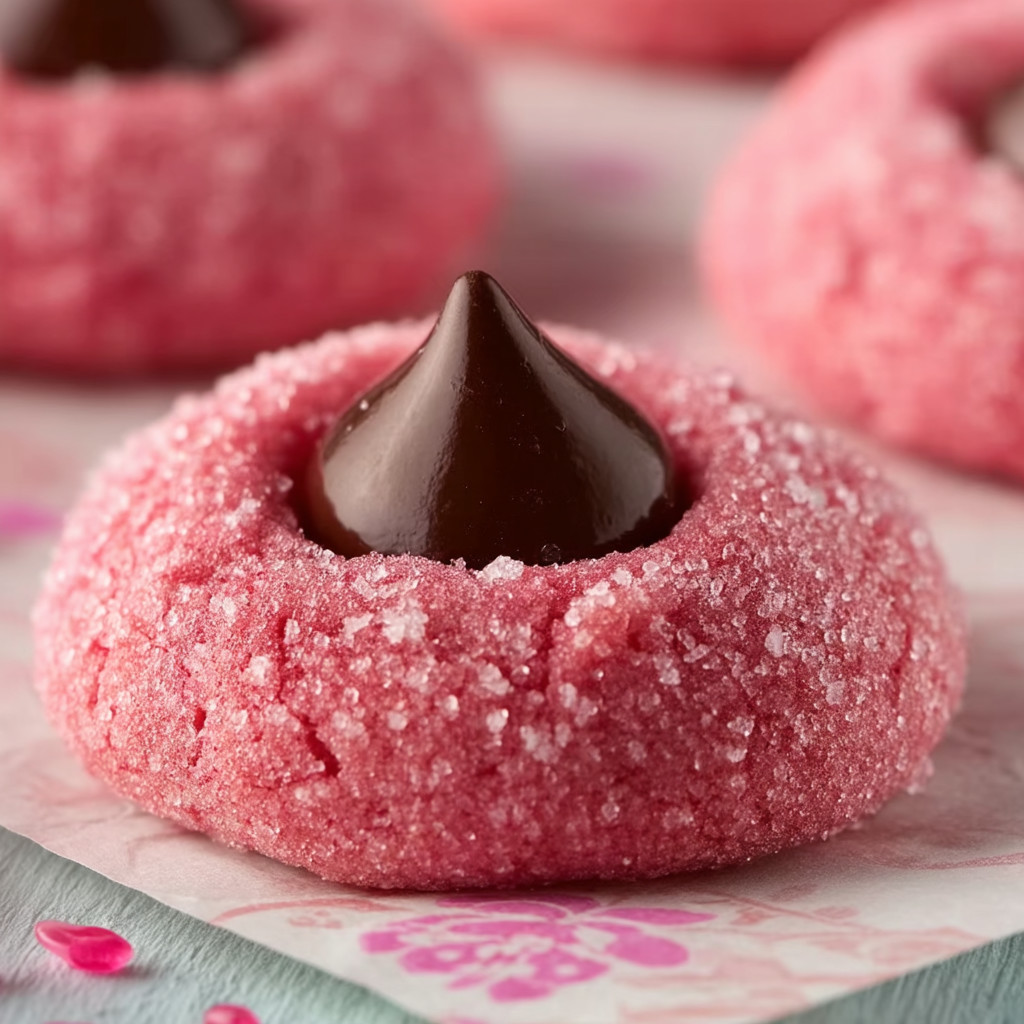 A pink cookie with chocolate drizzle.