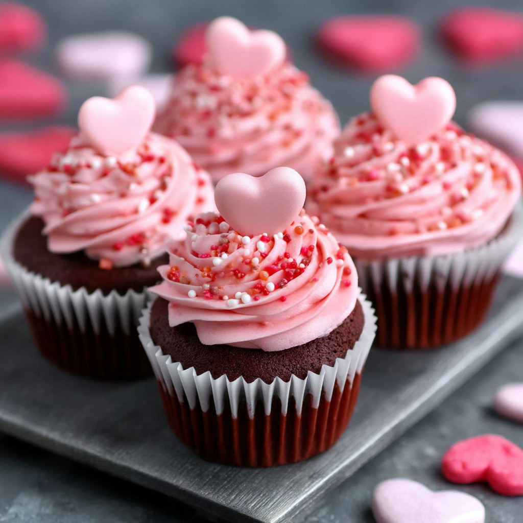 Three cupcakes with hearts on top.