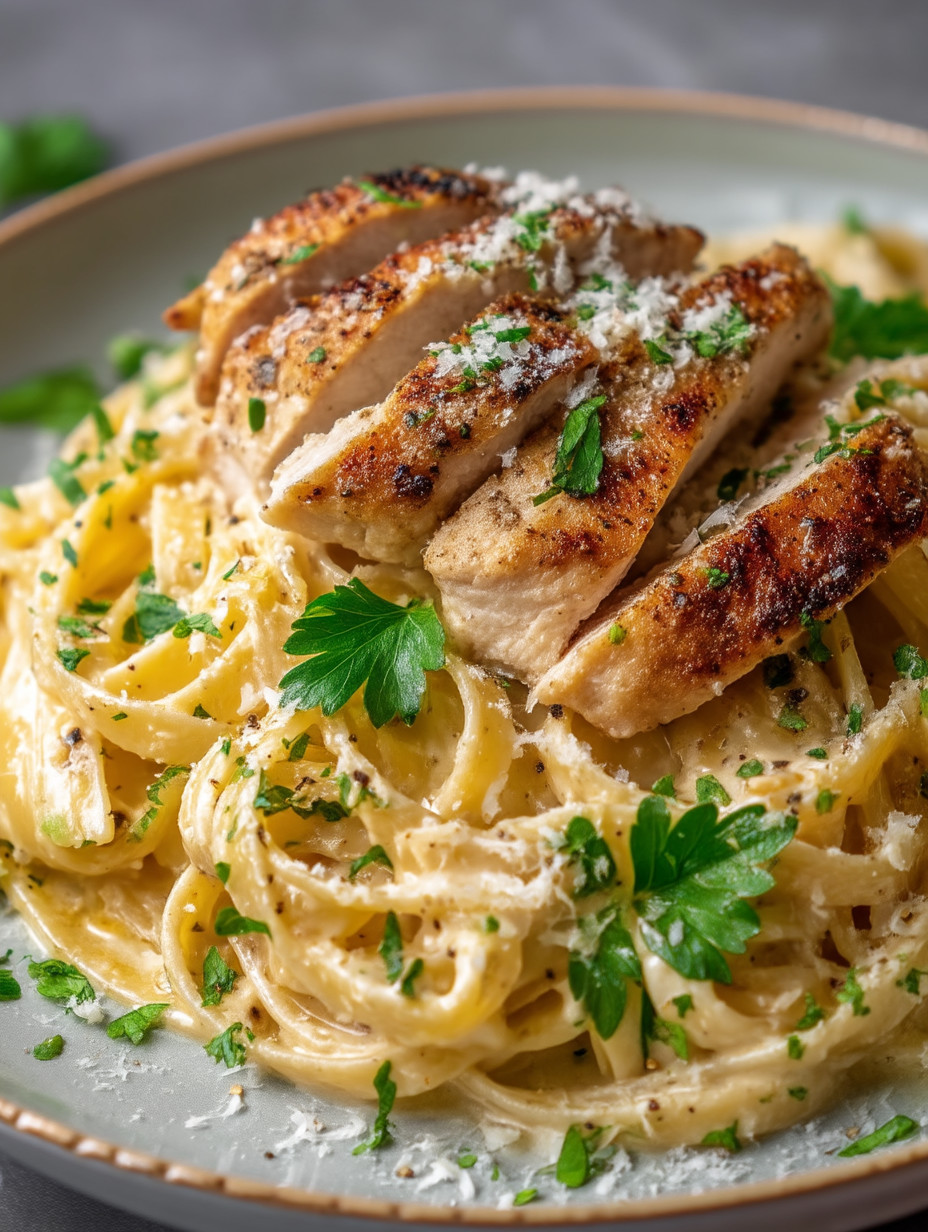 A plate of pasta with chicken on top.