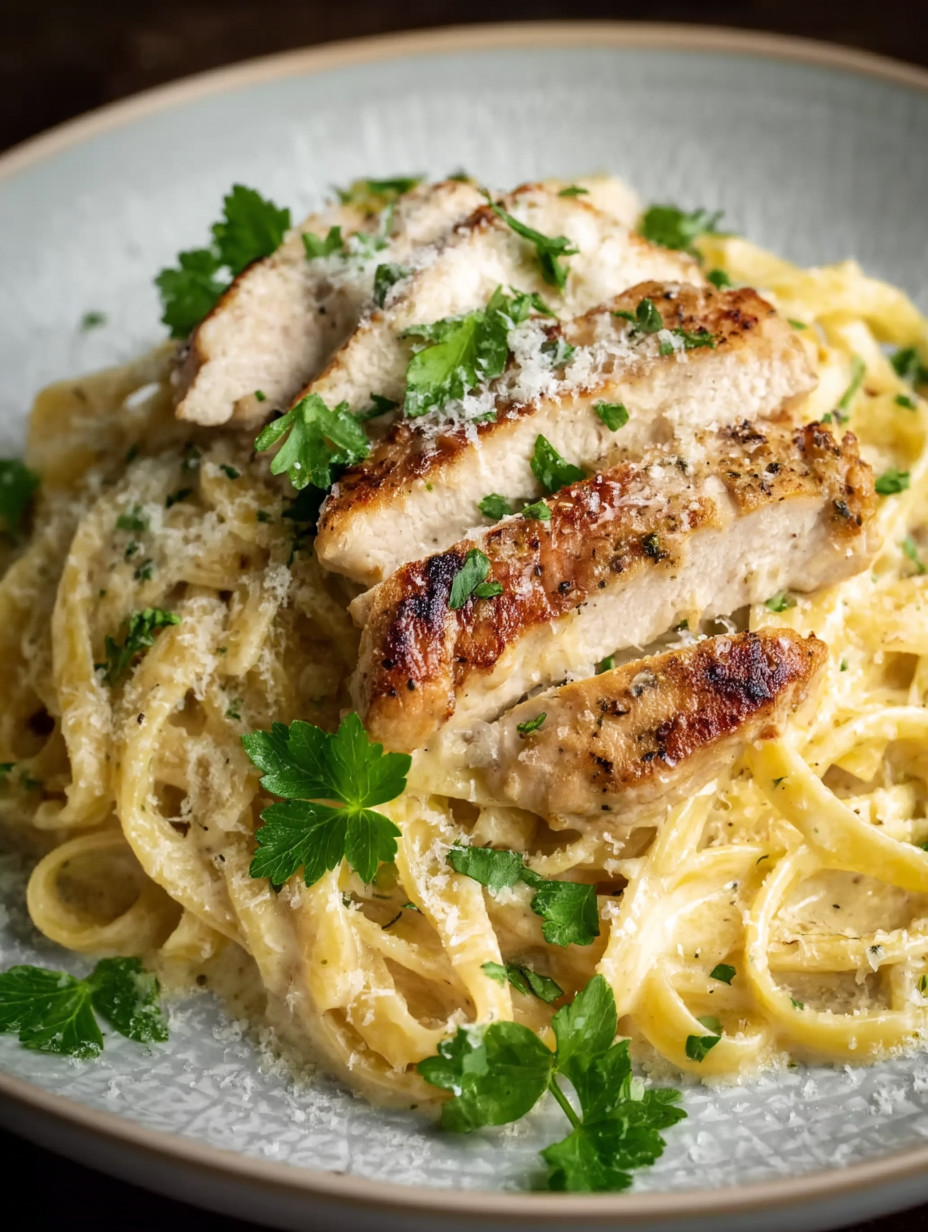 A plate of pasta with chicken on top.