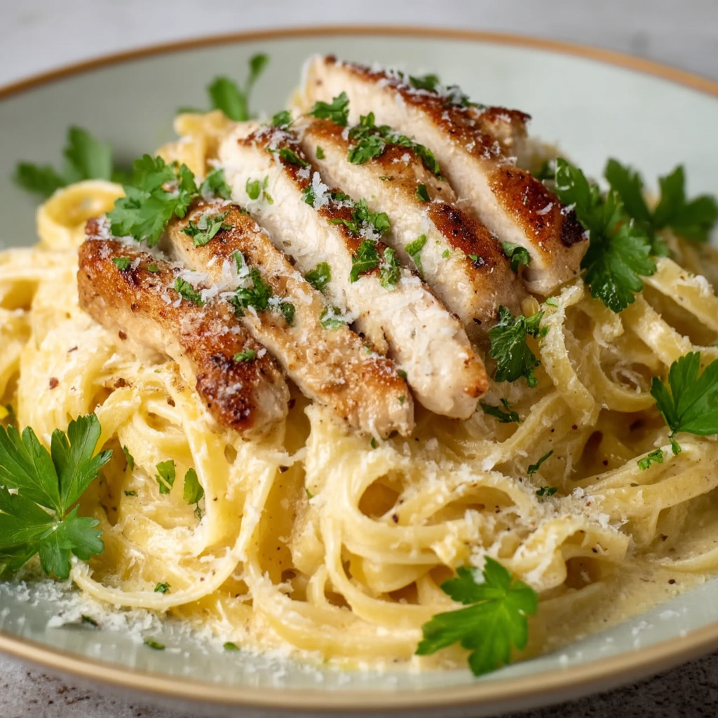 A plate of pasta with chicken on top.