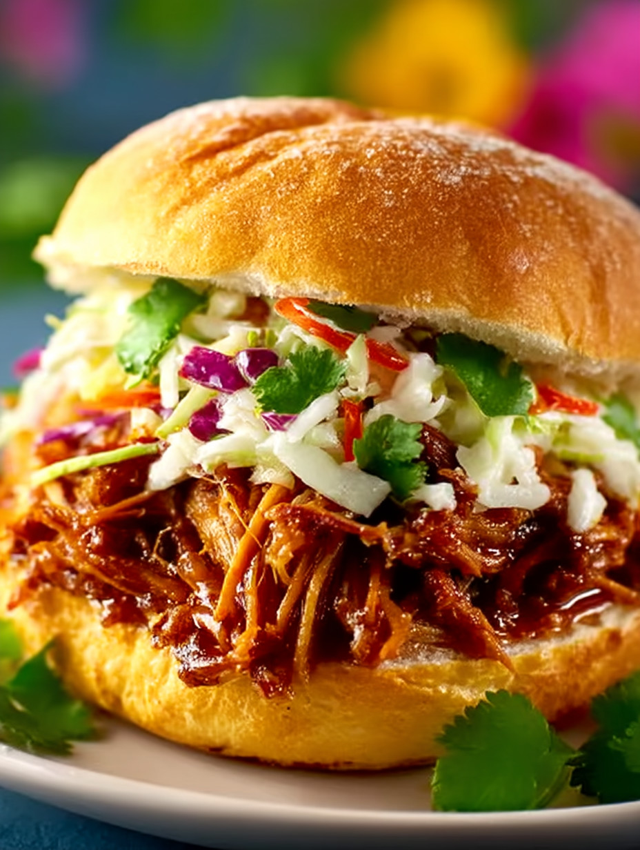 A sandwich with coleslaw and barbecue sauce.